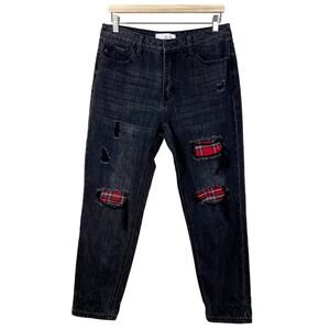 KanCan Women's‎ Peek-A-Boo Plaid Black Distressed Straight Fit Jeans Size 29